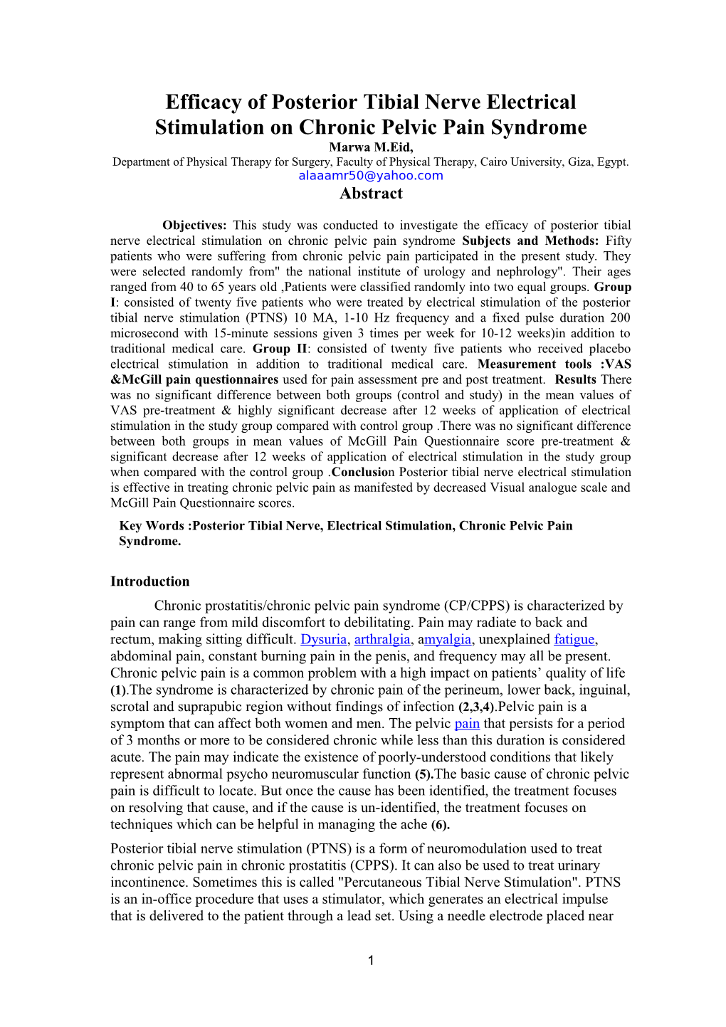 Efficacy of Posterior Tibial Nerve Electrical Stimulation on Chronic Pelvic Pain Syndrome