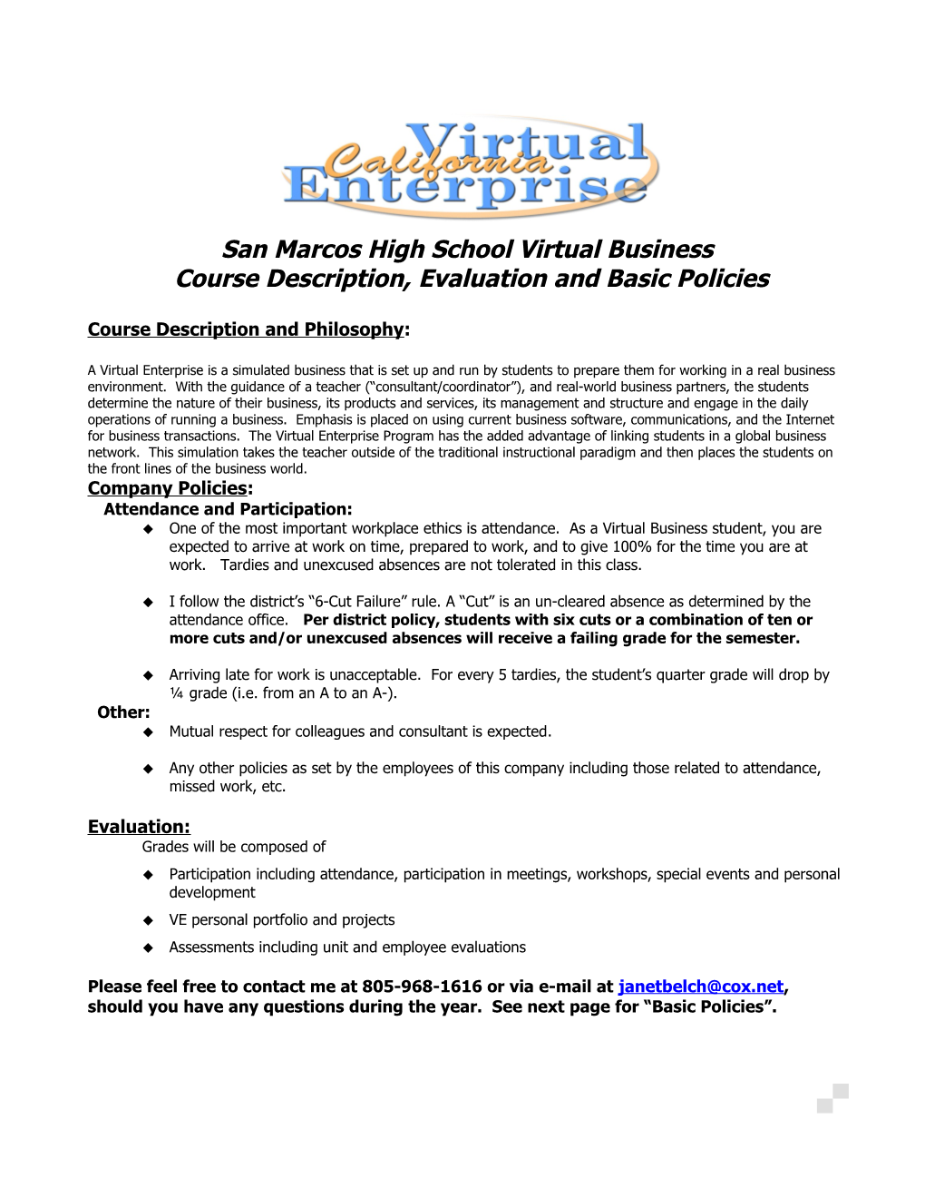 Course Description, Evaluation and Basic Policies