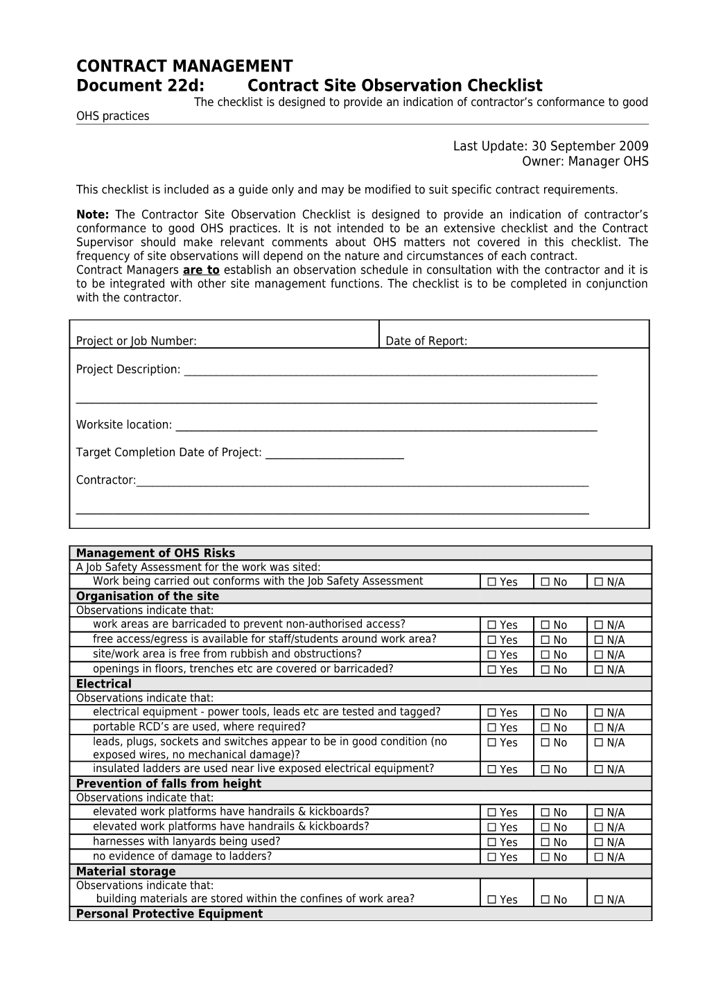 Site Observation Checklist