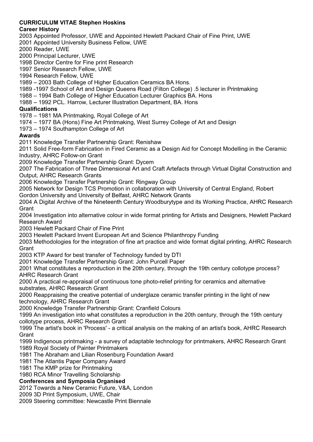 CURRICULUM VITAE Stephen Hoskins