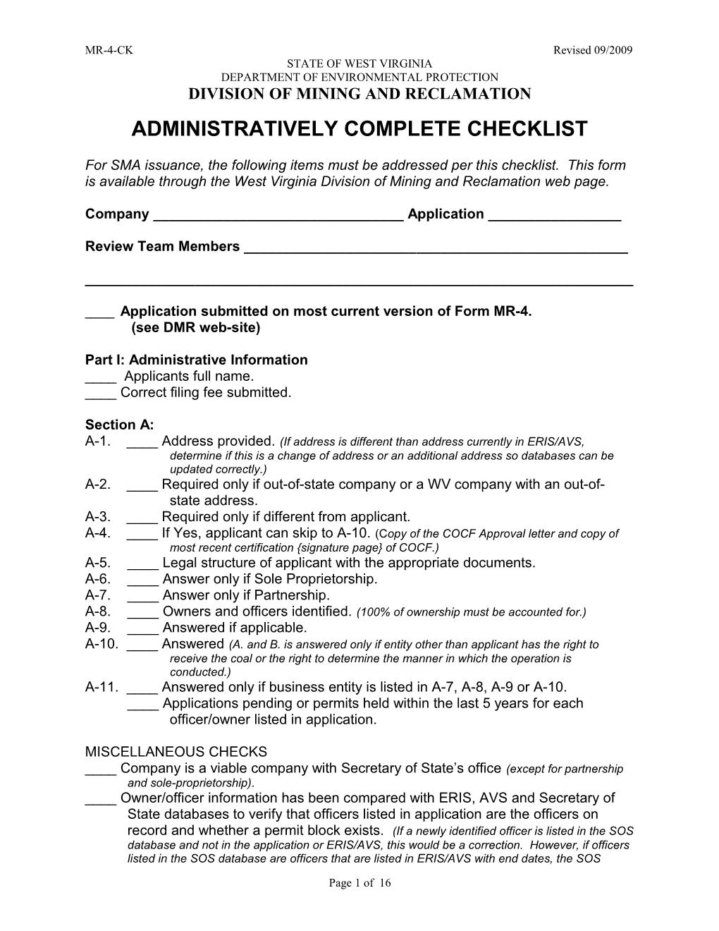 Administratively Complete Checklist