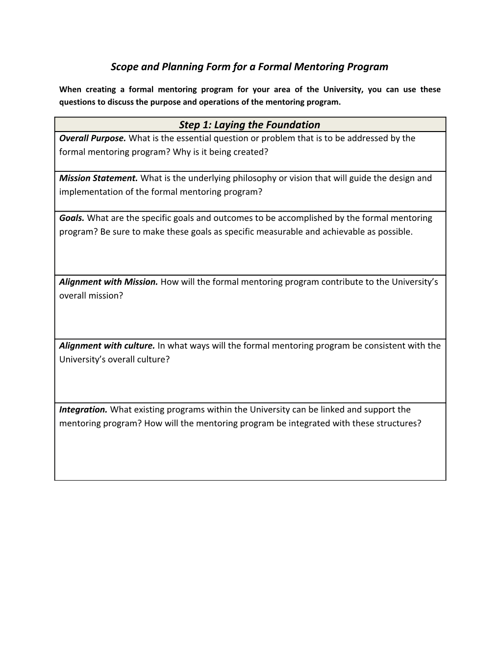 Scope and Planning Form for a Formal Mentoring Program