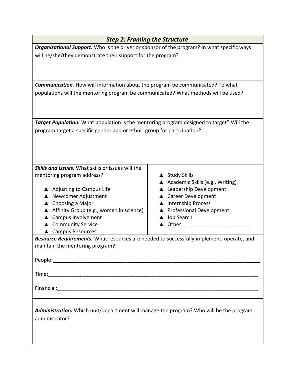 Scope and Planning Form for a Formal Mentoring Program