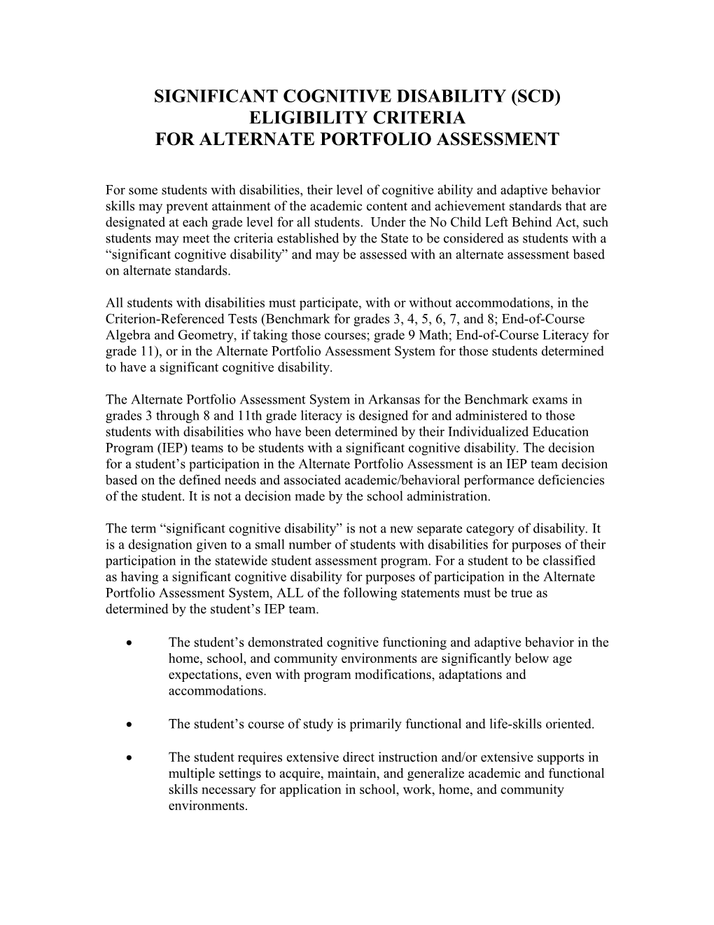 Significant Cognitive Disability (Scd) Eligibility Criteria