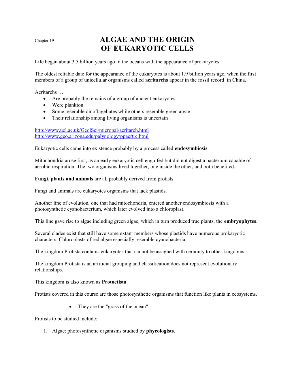 Chapter 19 ALGAE and the ORIGIN