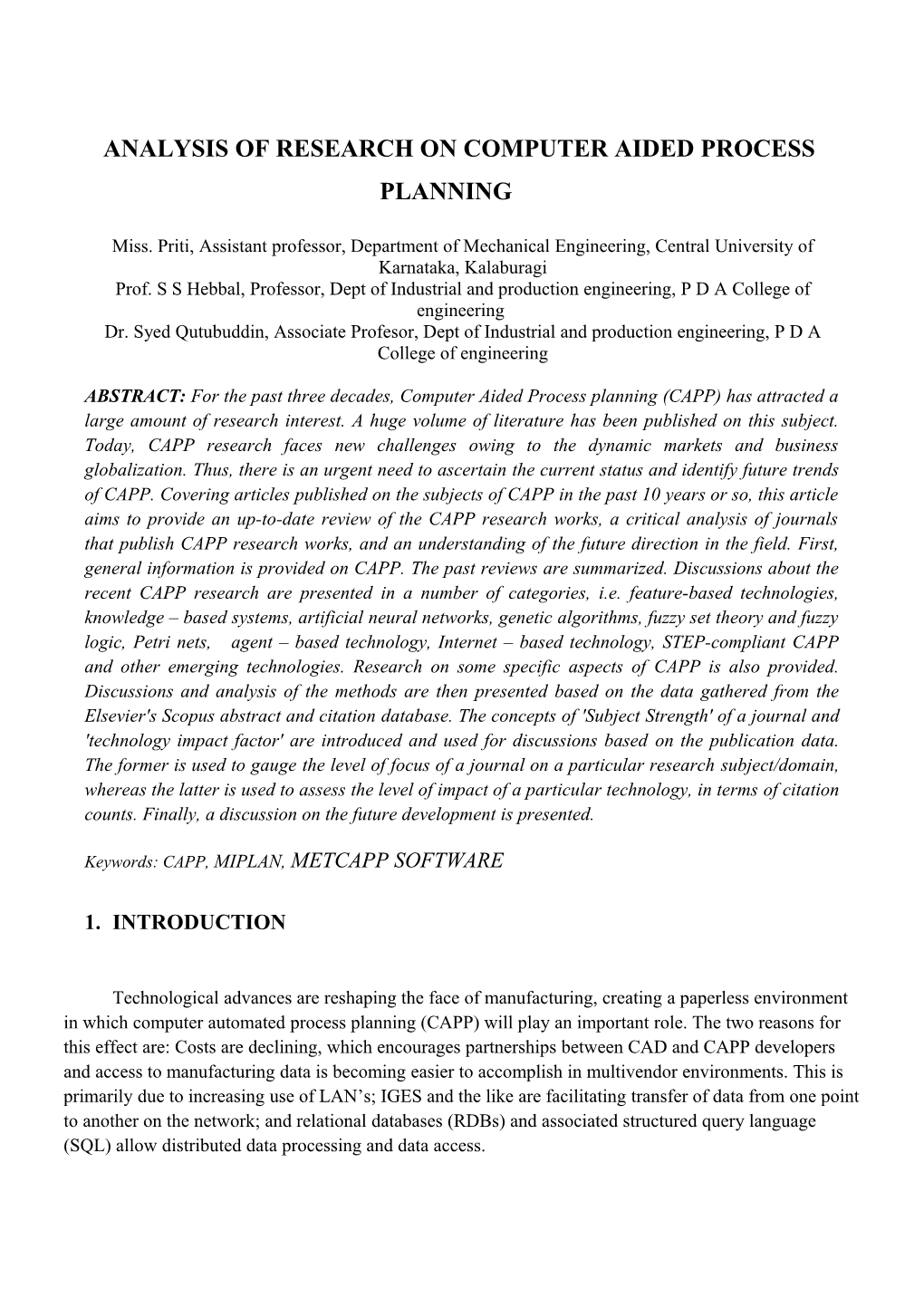 Analysis of Research on Computer Aided Process Planning