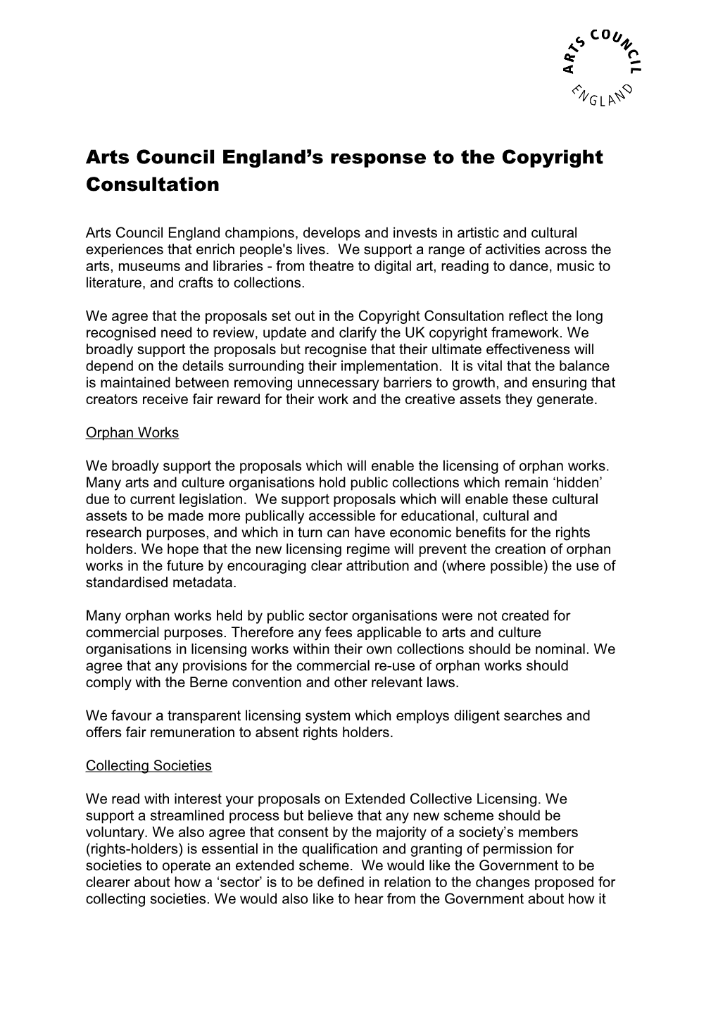 Arts Council England S Response to the Copyright Consultation