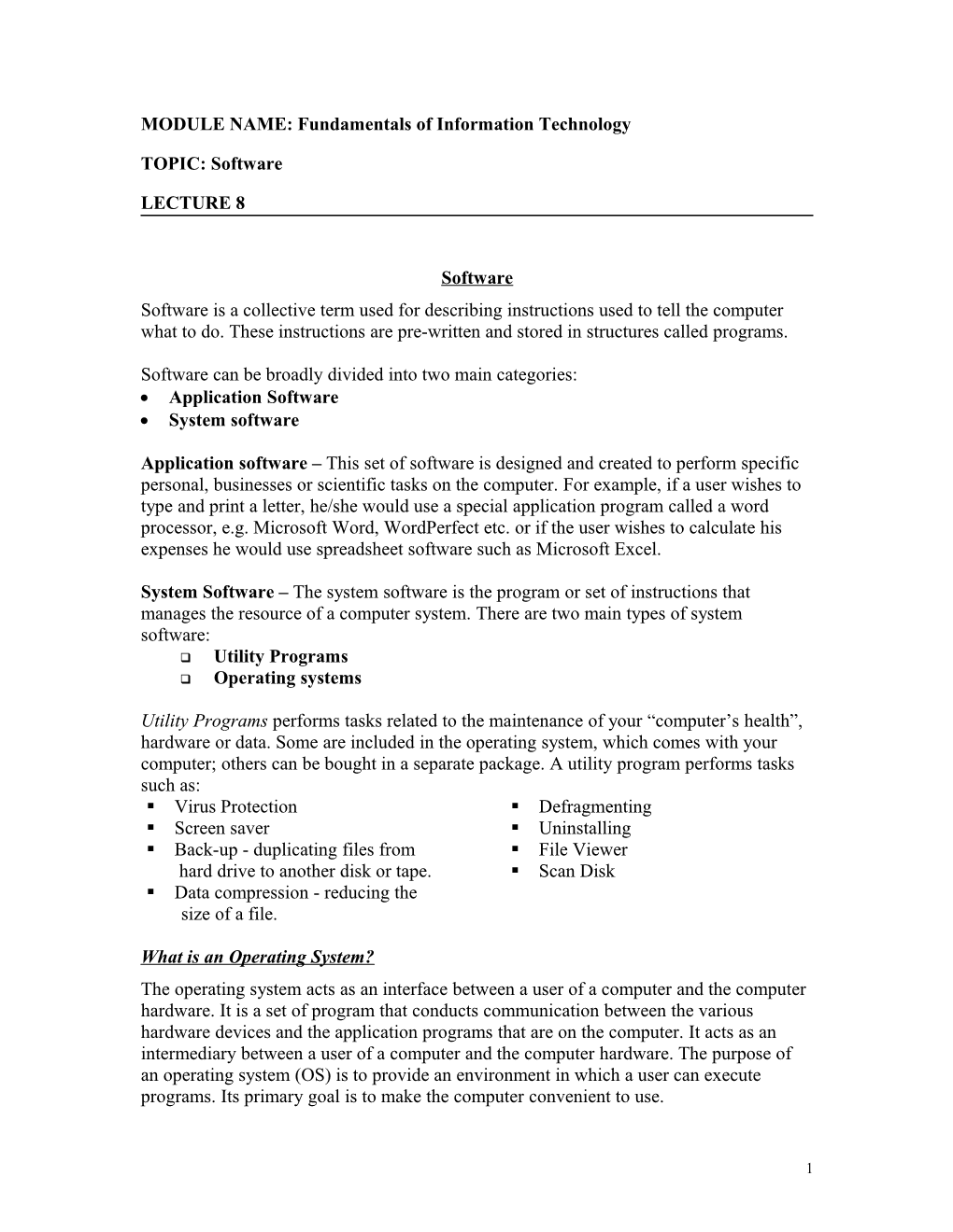 MODULE NAME: Fundamentals of Information Technology