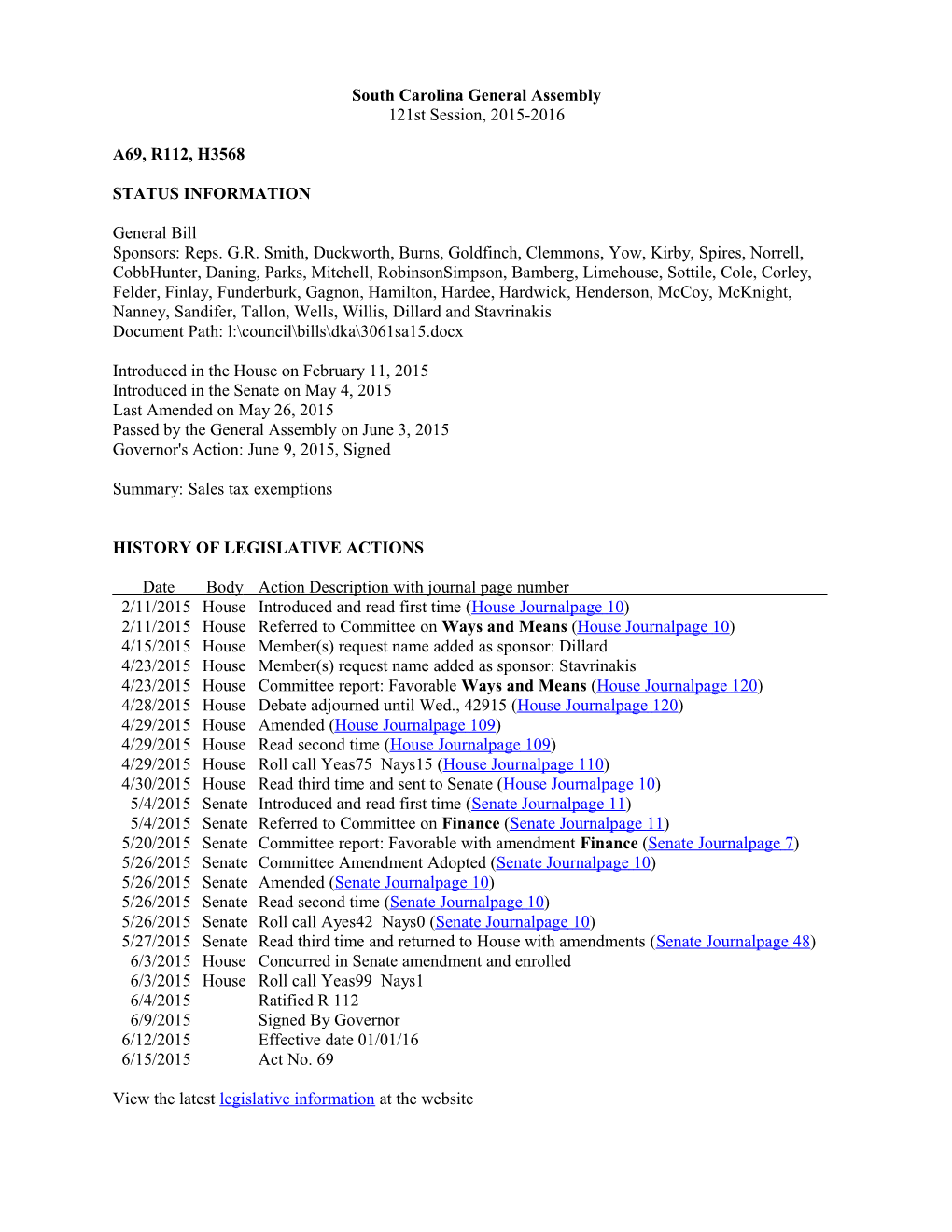 2015-2016 Bill 3568: Sales Tax Exemptions - South Carolina Legislature Online