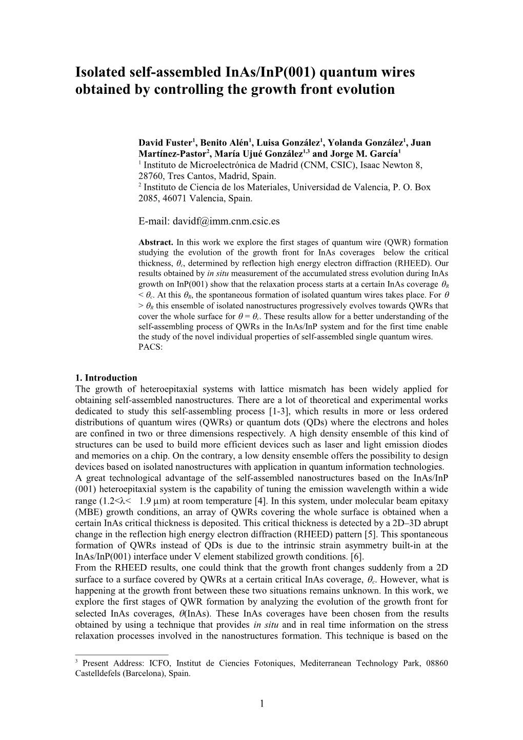 Obtention of Isolated Self-Assembled Inas/Inp(001) Quantum Wires by Controlling the Growth