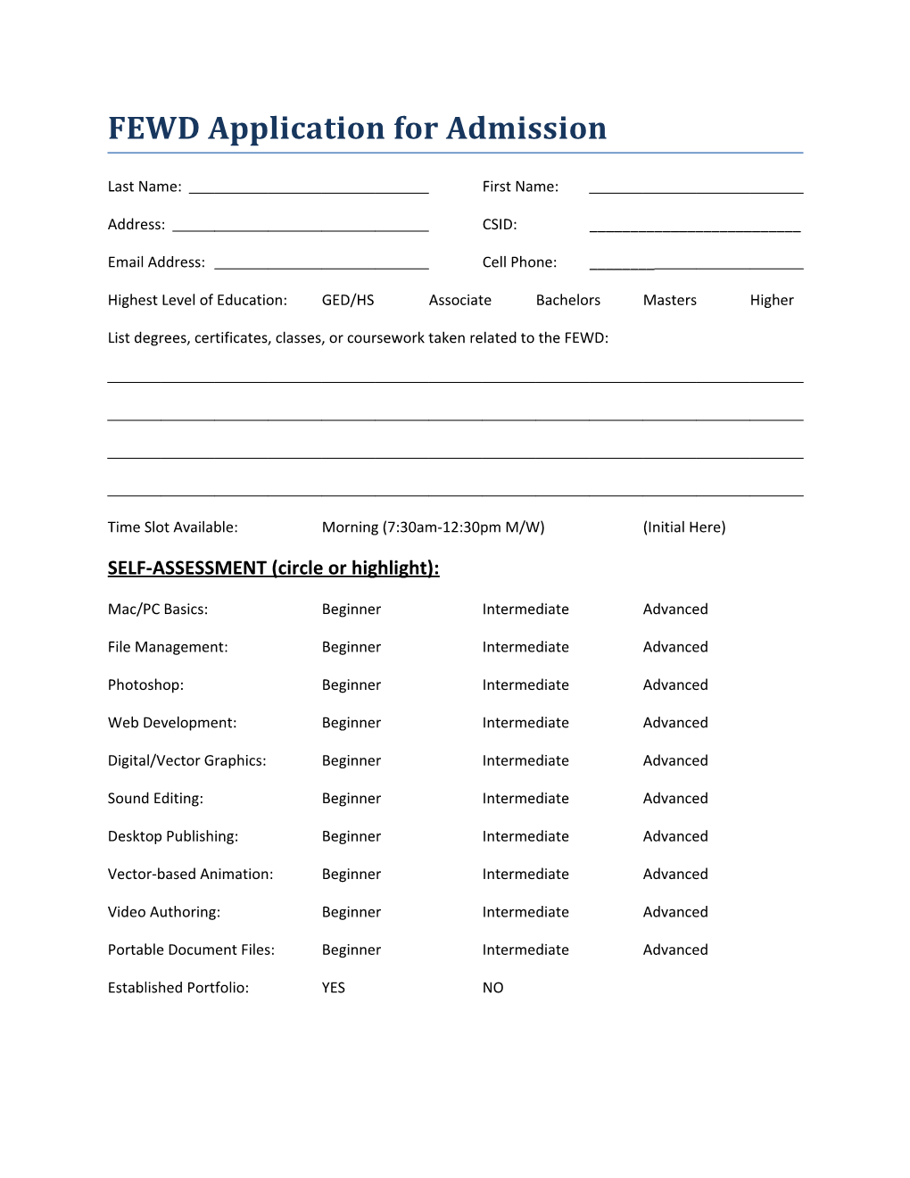 FEWD Application for Admission