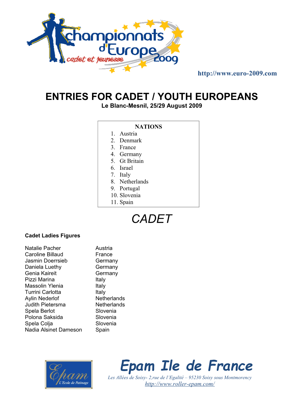 Entries for Cadet / Youth Europeans