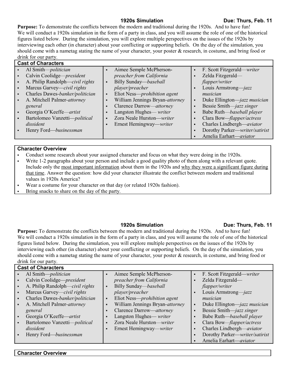 1920S Simulation Due: Thurs, Feb. 11