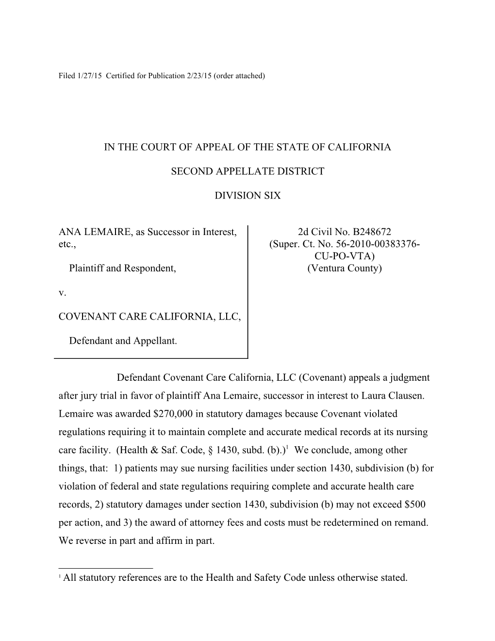 Filed 1/27/15 Certified for Publication 2/23/15 (Order Attached)