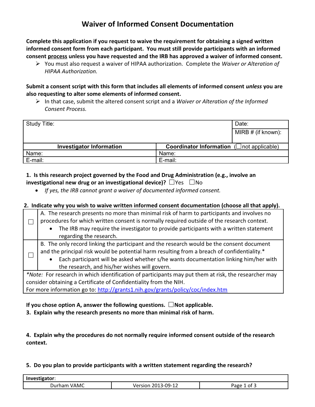 Waiver of Informed Consent Documentation