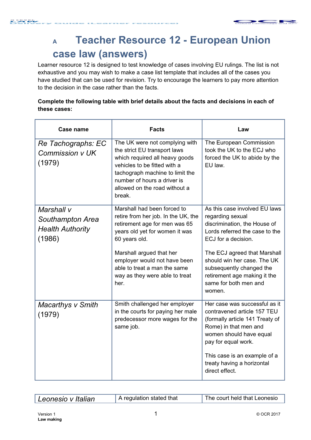 A Level Law Teacher Resource 12 - European Union Case Law