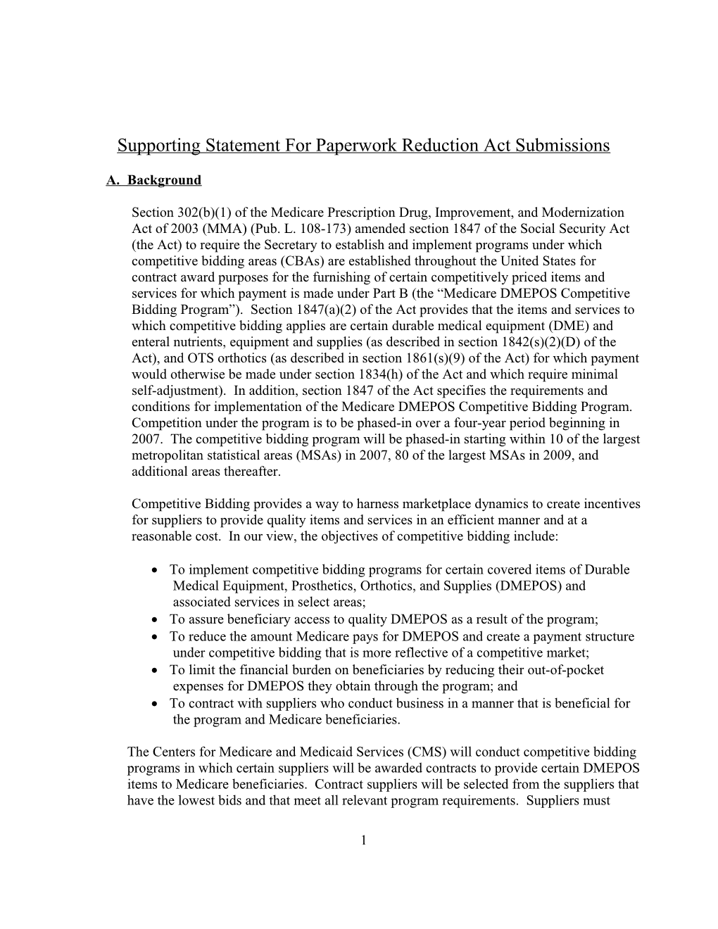 Supporting Statement for Paperwork Reduction Act Submissions