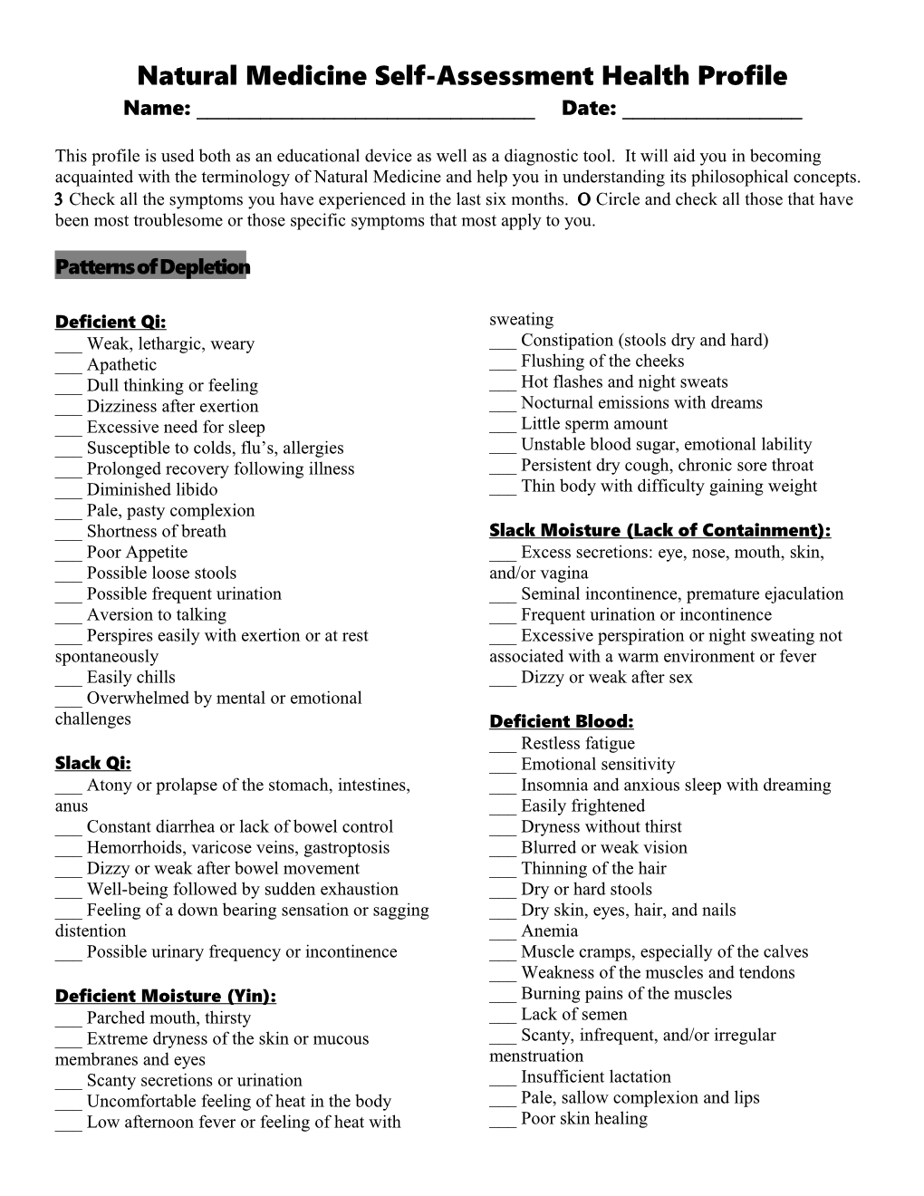 Self-Assessment Health Profile