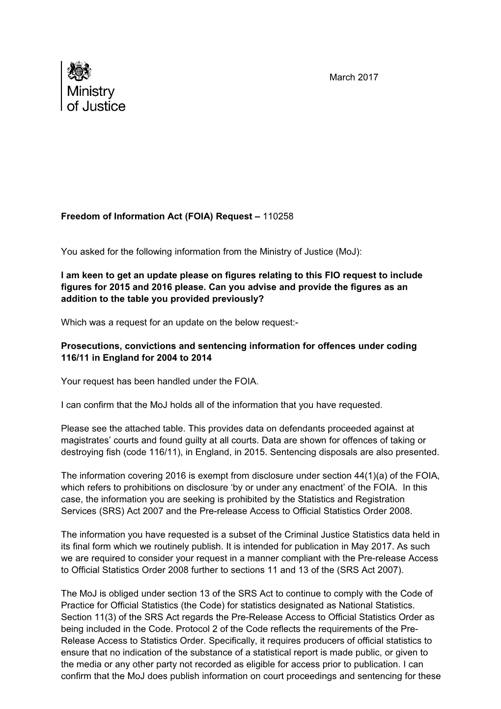 FOI 110258 Prosecutions for Offences Under Coding 116/11