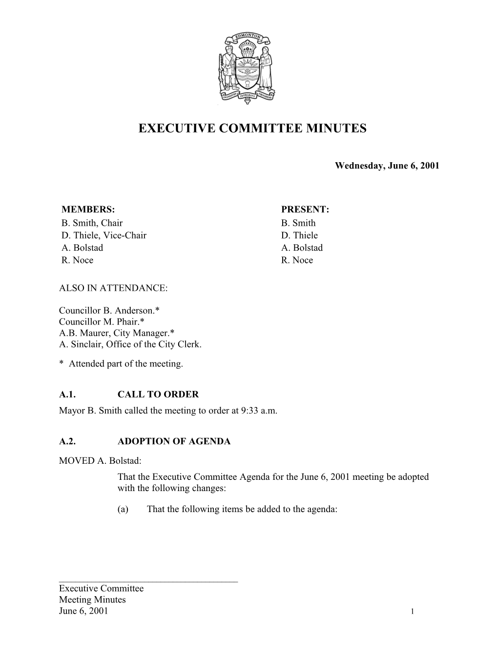 Minutes for Executive Committee June 6, 2001 Meeting