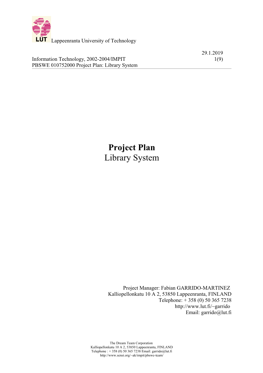 PBSWE 010752000 Project Plan: Library System