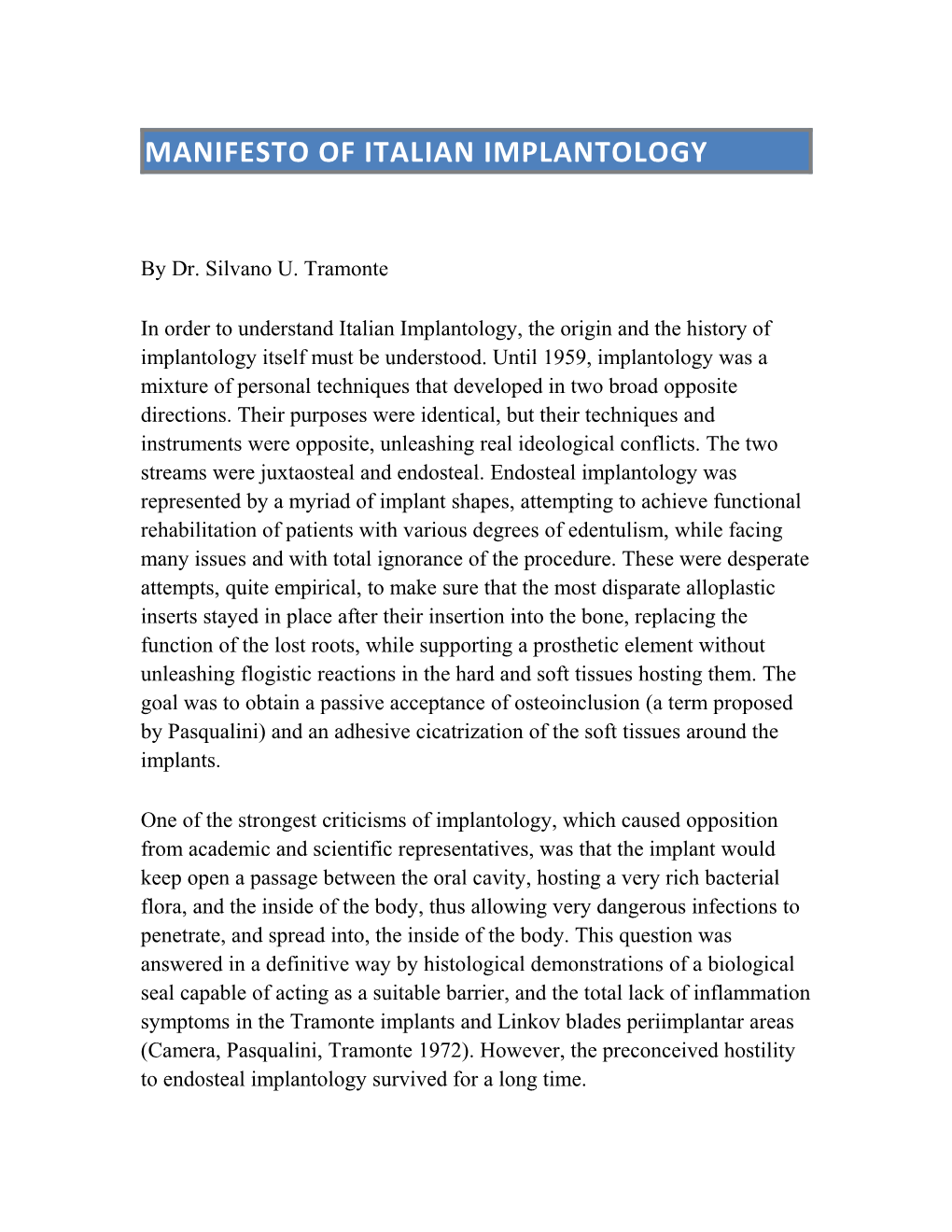 Manifest of Italian Implantology