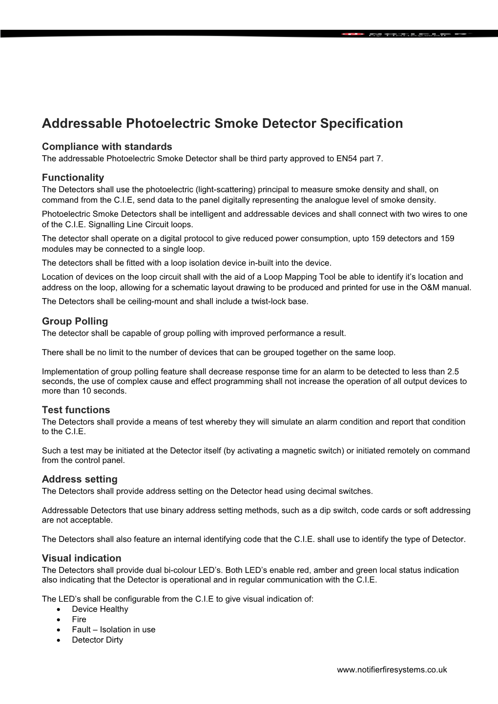 Addressable Photoelectric Smoke Detector Specification