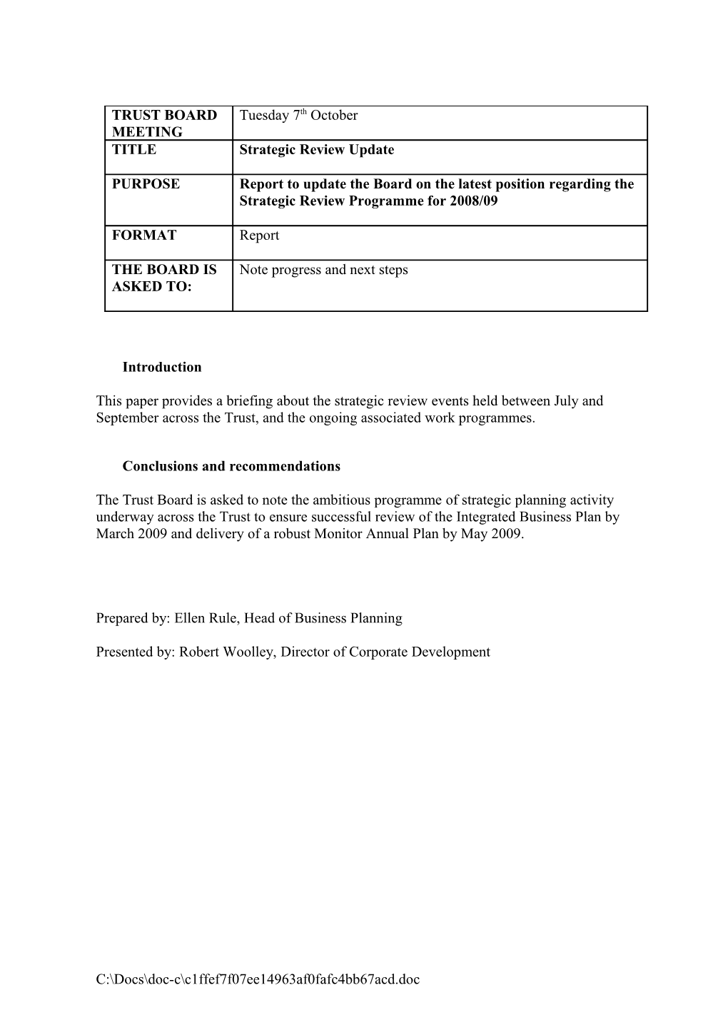 Redevelopment Programme Board