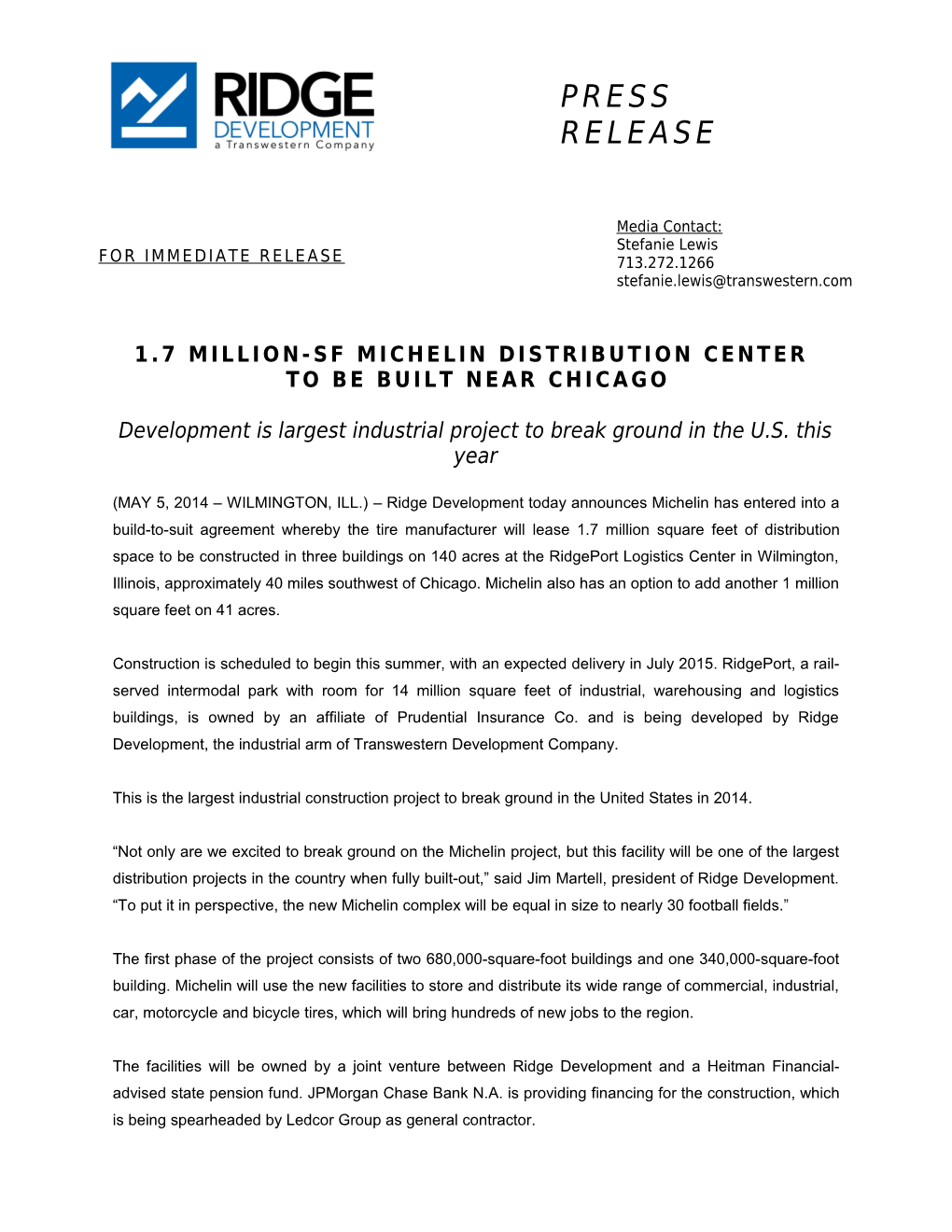 1.7 Million-Sf Michelin Distribution Center to Be Built Near Chicago