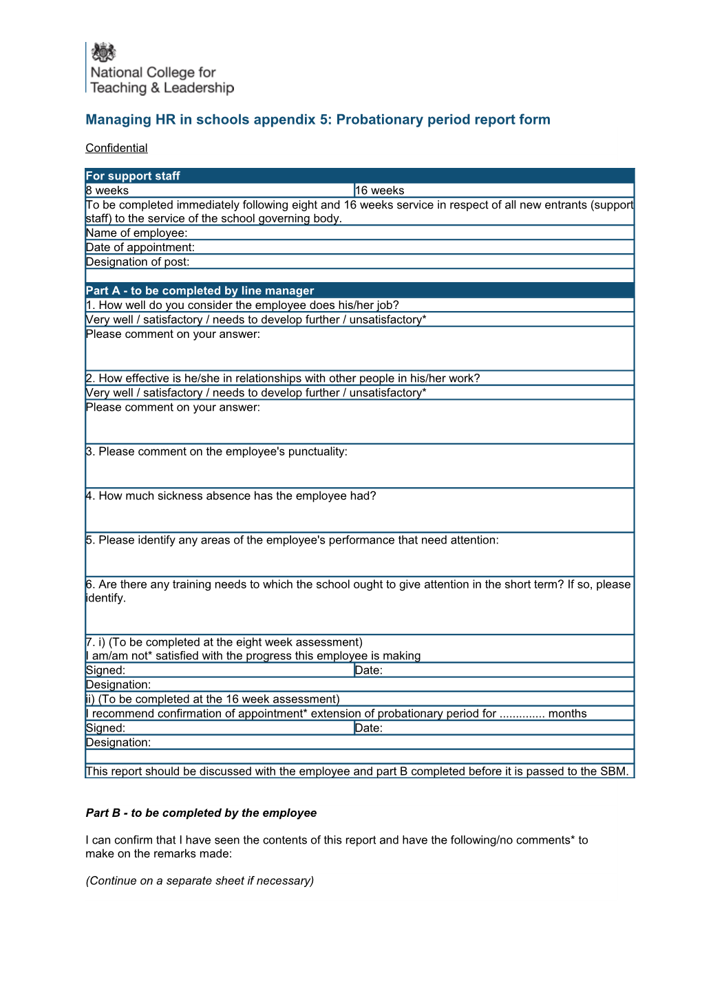 Managing HR in Schools Appendix 5: Probationary Period Report Form