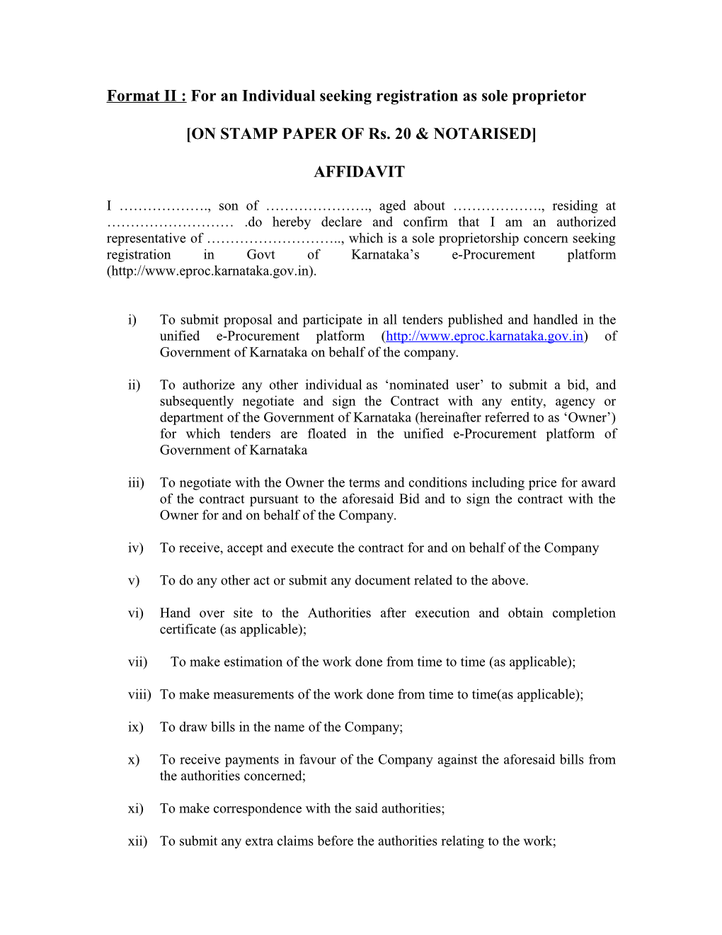 Format II : for an Individual Seeking Registration As Sole Proprietor