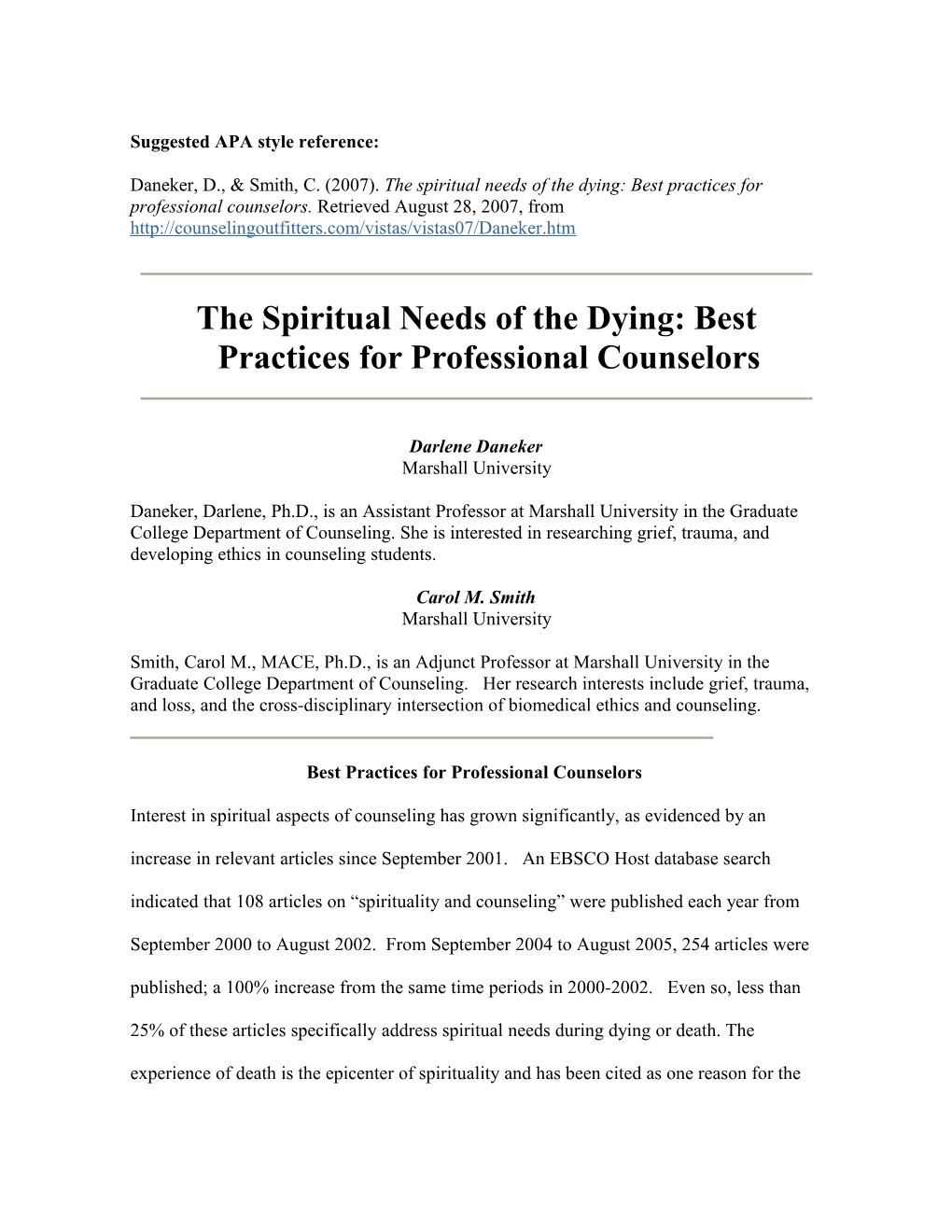 The Spiritual Needs of the Dying: Best Practices for Professional Counselors