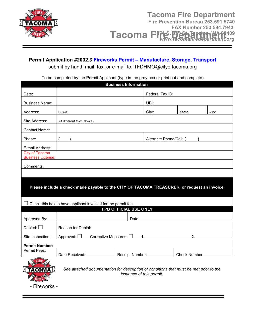 Permit Application #2002.3Fireworks Permit Manufacture, Storage, Transport