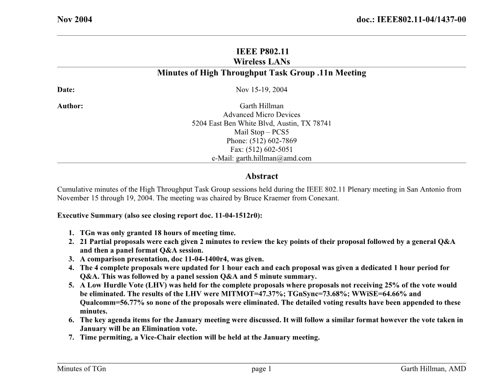 Minutes of High Throughput Task Group .11N Meeting