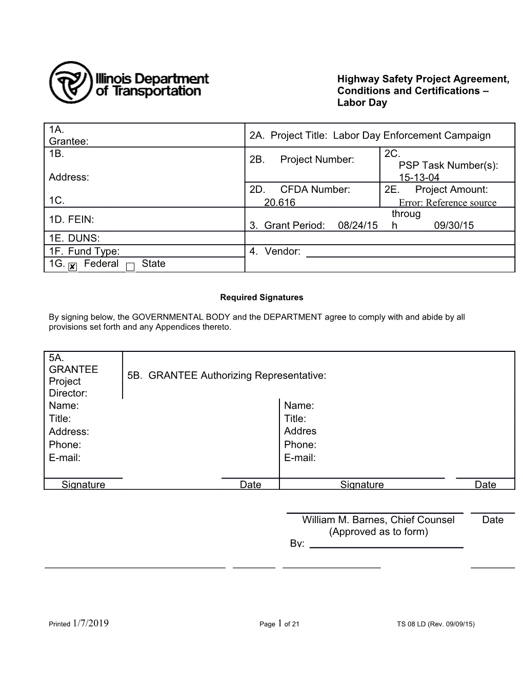 Highway Safety Project Agreement, Conditions and Certifications - Labor Day