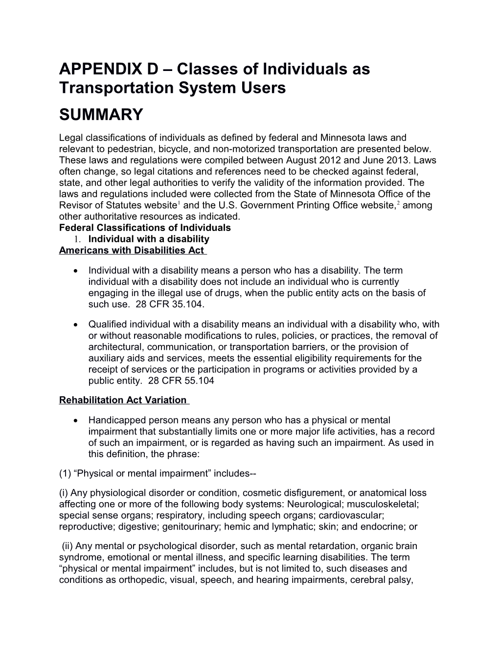 APPENDIX D Classes of Individuals As Transportation System Users