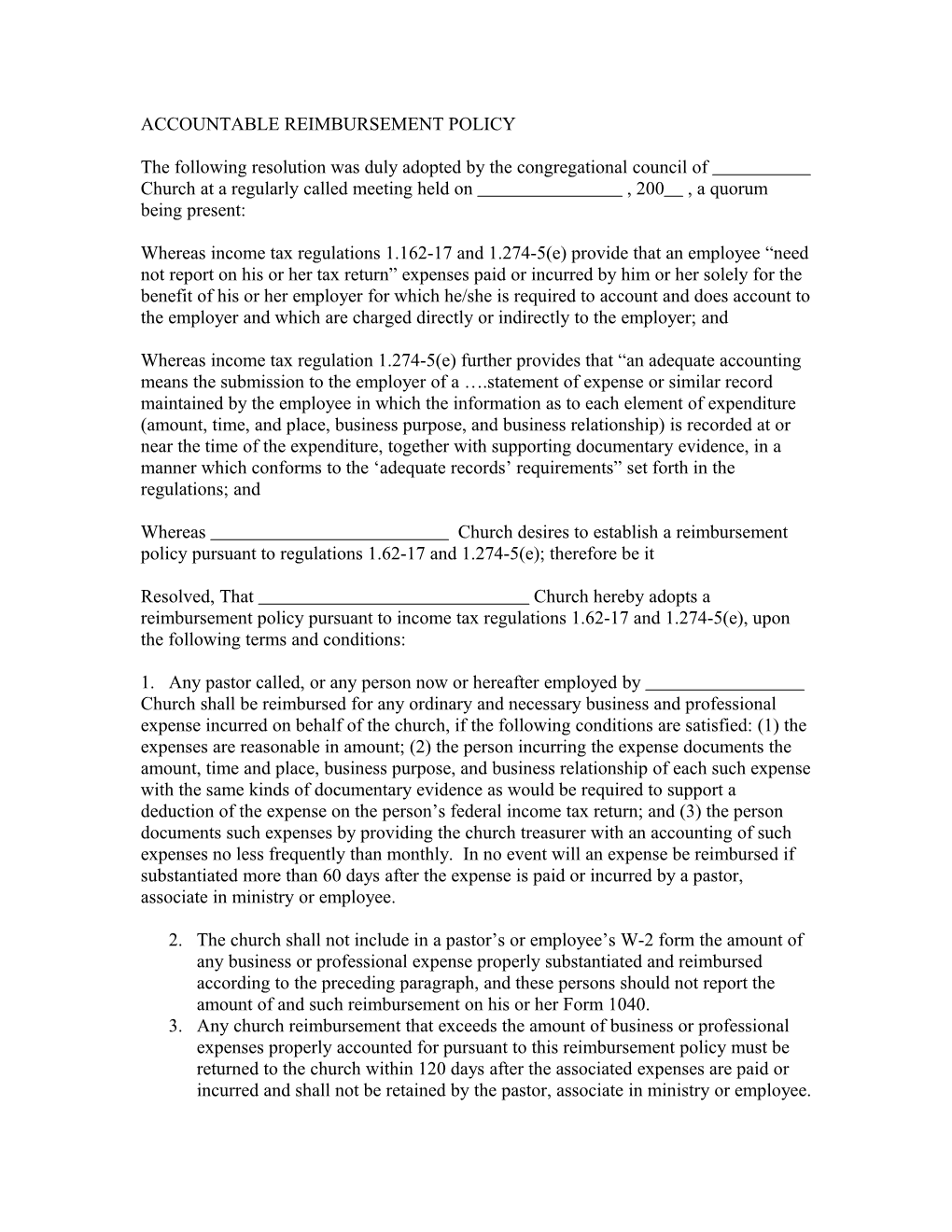 Accountable Reimbursement Policy