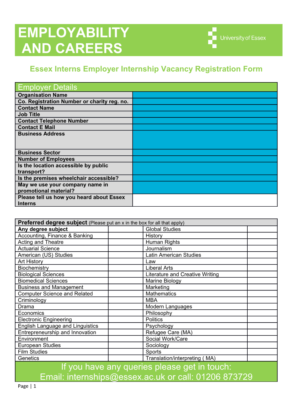Essex Interns Employer Internship Vacancy Registration Form