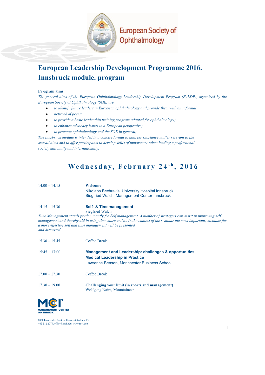 European Leadership Development Programme 2016.Innsbruck Module.Program