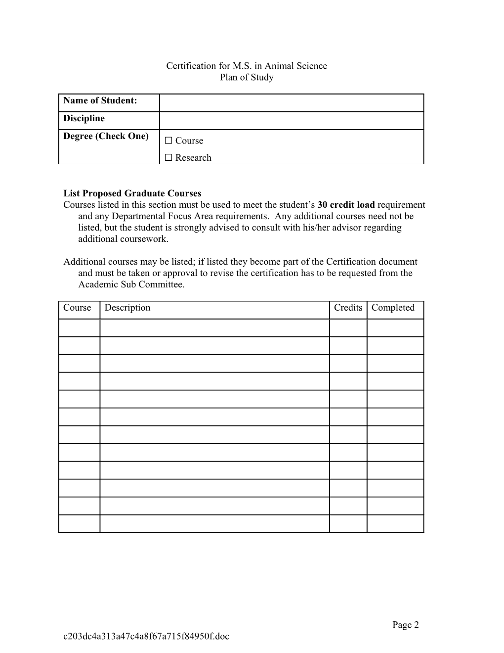 Animal Science M.S. Certification Form