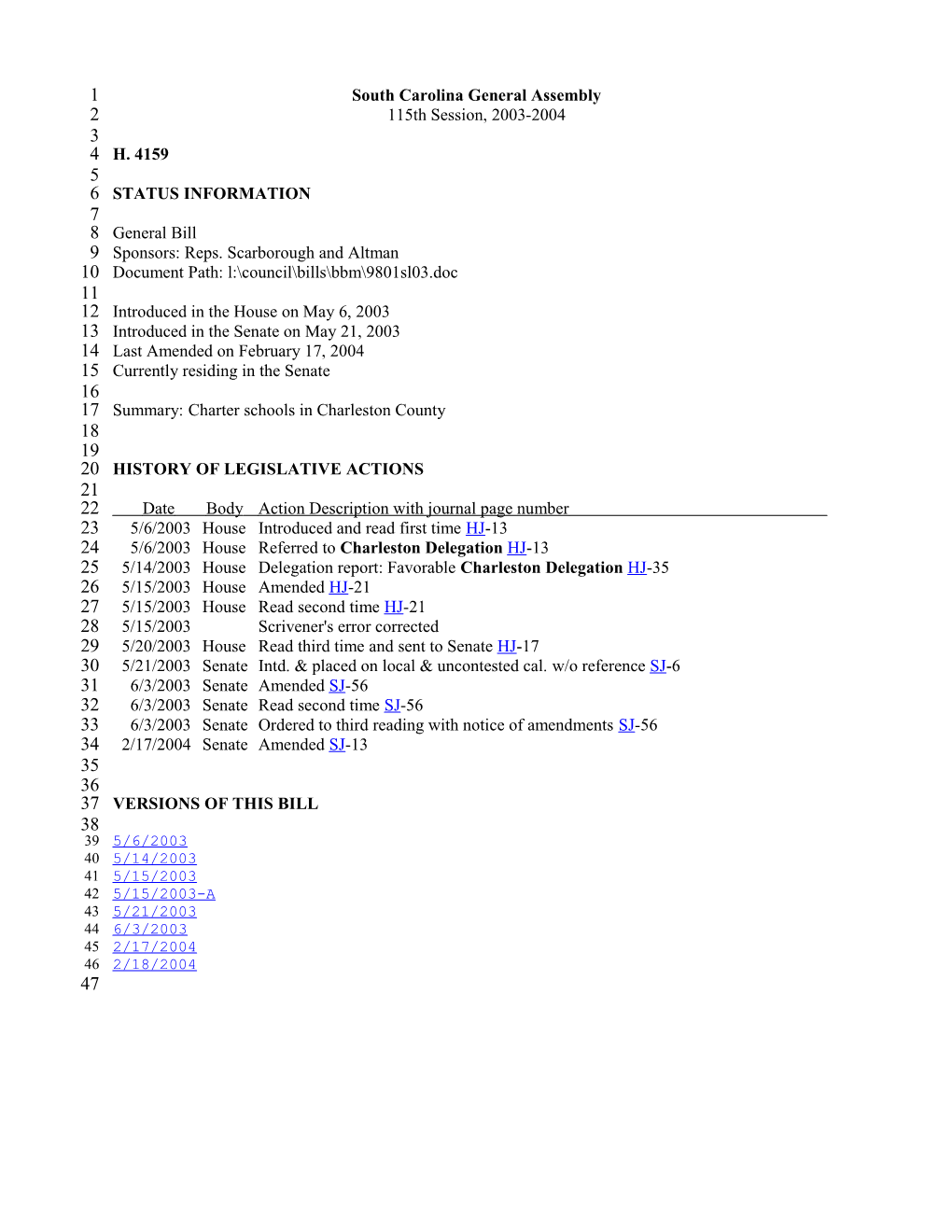 2003-2004 Bill 4159: Charter Schools in Charleston County - South Carolina Legislature Online