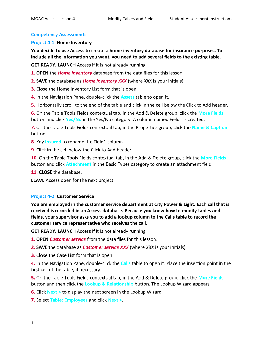 MOAC Access Lesson 4Modify Tables and Fieldsstudent Assessment Instructions