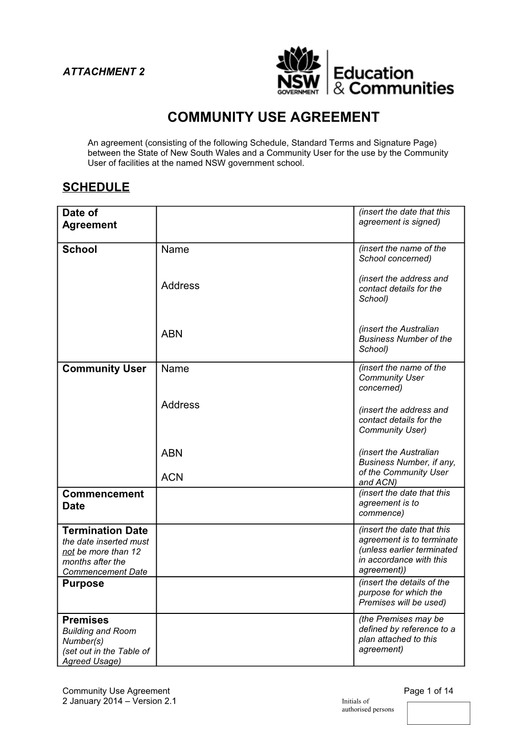 Attachment 2 - Community Use Agreement