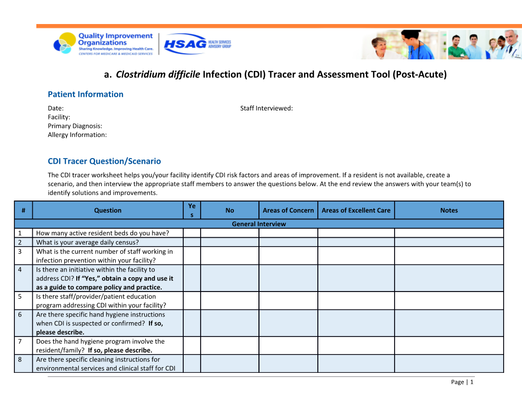 Clostridium Difficile Infection (CDI) Tracer and Assessment Tool (Post-Acute)