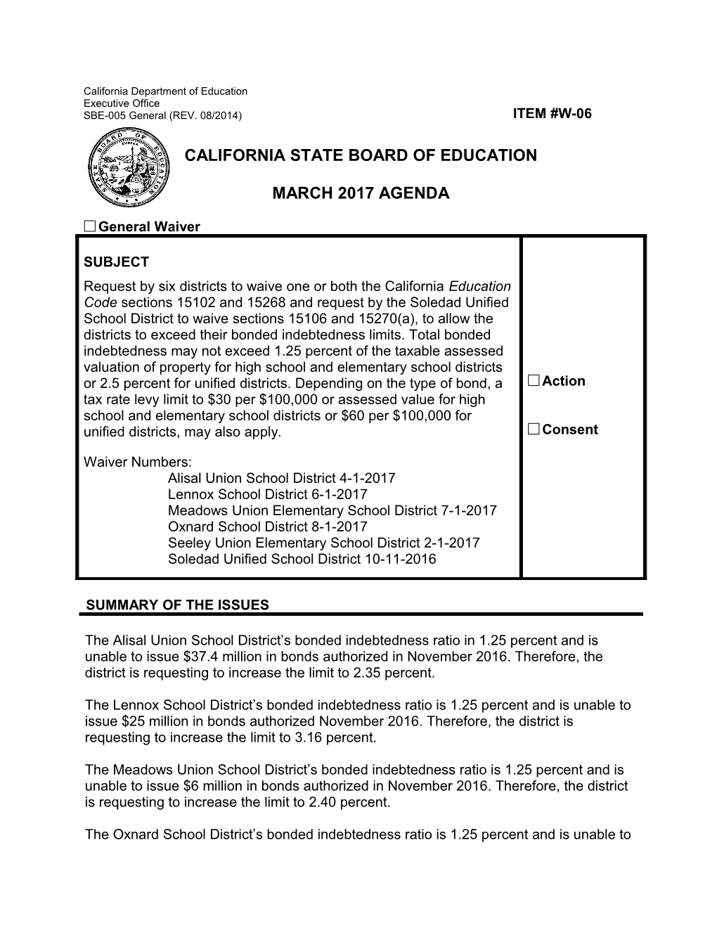 March 2017 Waiver Item W-06 - Meeting Agendas (CA State Board of Education)