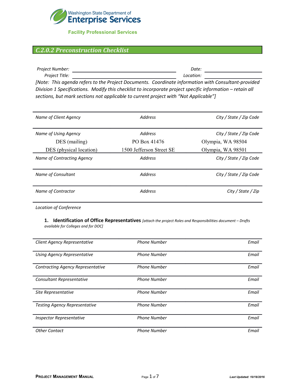 Note: This Agenda Refers to the Project Documents. Coordinate Information With