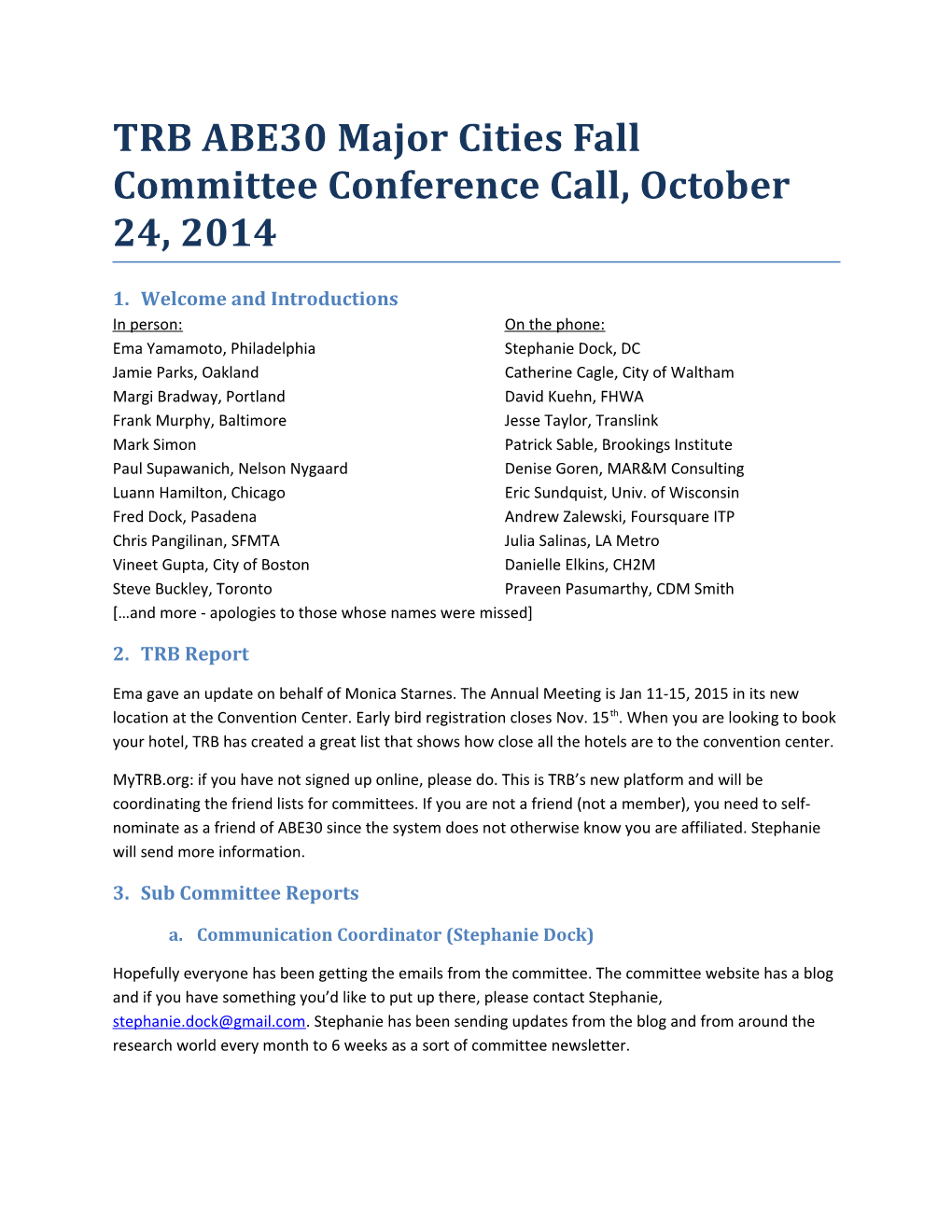 TRB ABE30 Major Cities Fall Committee Conference Call, October 24, 2014