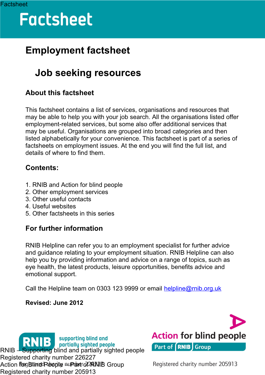Job Seeking Resources Factsheet