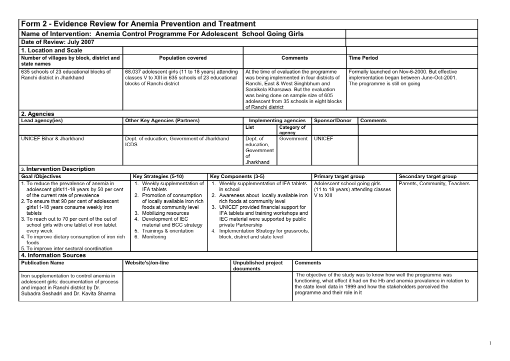 FORM 1: Background and Screening Data Sheet of Each Considered Intervention