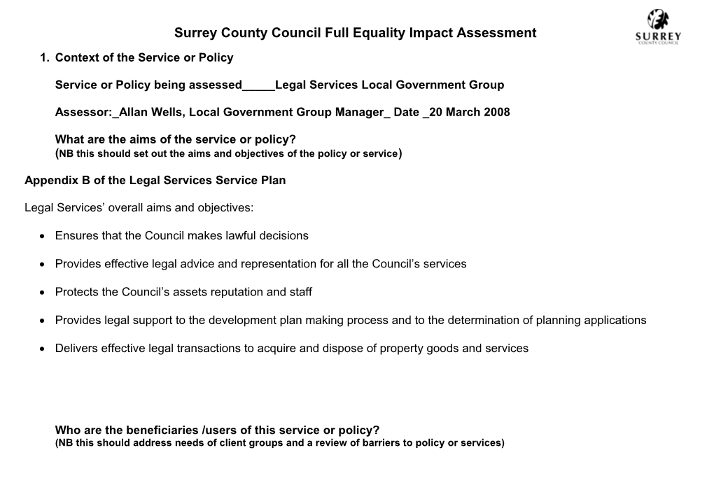 Surrey County Council Equality Impact Assessment Initial Screening Form